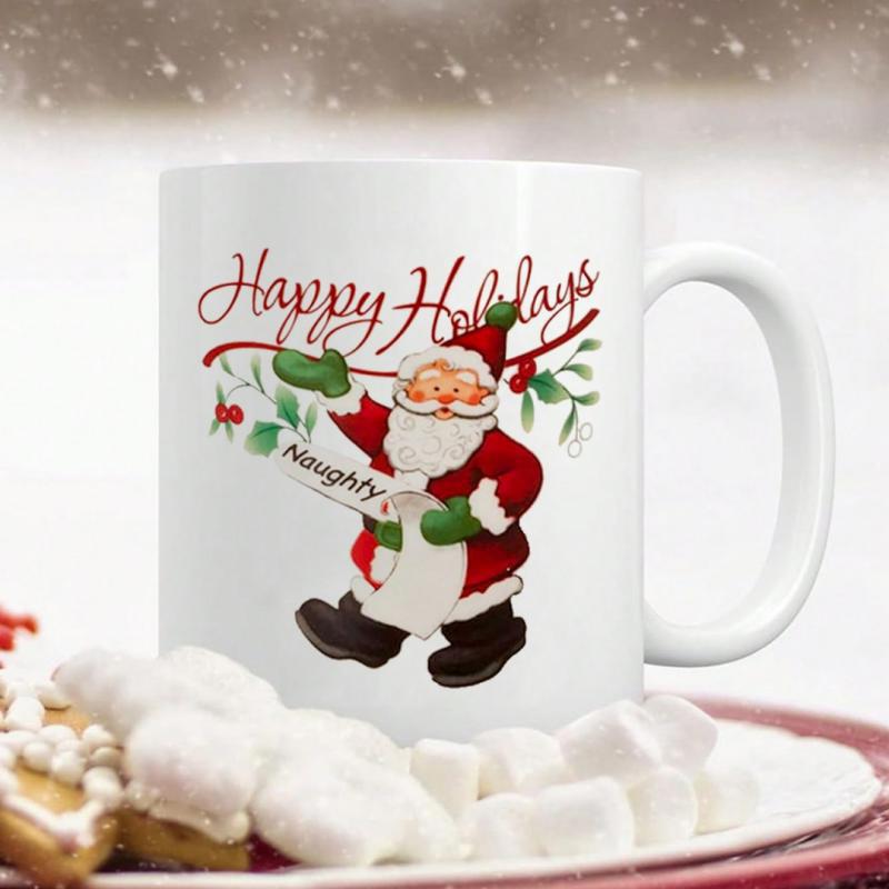 Tailorly White Ceramic 11 oz Mug - Happy Holidays Naughty Jolly Festive Figure In Red Suit Holding A Long Paper Santa Claus