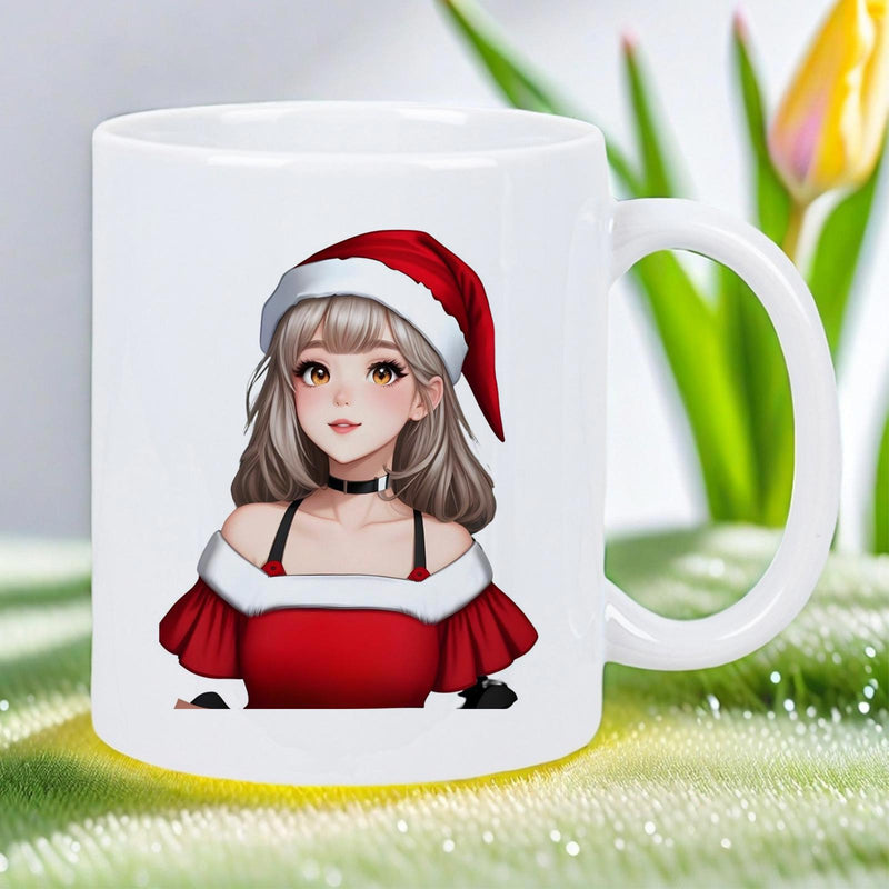 Tailorly White Ceramic 11 oz Mug - Charming Anime Style Character Wearing Red Santa Hat And Festive Dress Girl