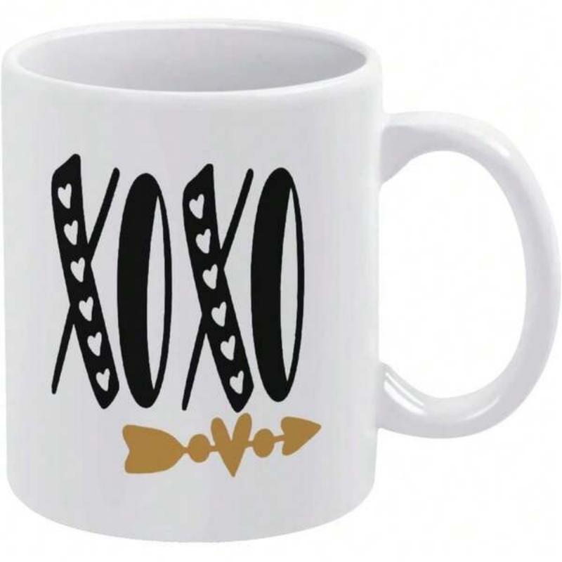 Tailorly White Ceramic 11 oz Mug - Xoxo Artistic Black Typography Golden Arrow Pattern Decorated On Smooth