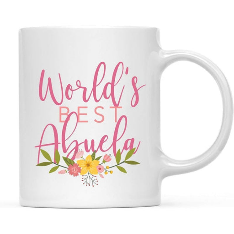 Tailorly White Ceramic 11 oz Mug - World's Best Delicate Pink Cursive Script Above Vibrant Spring Blossoms And Green Leaves Mug