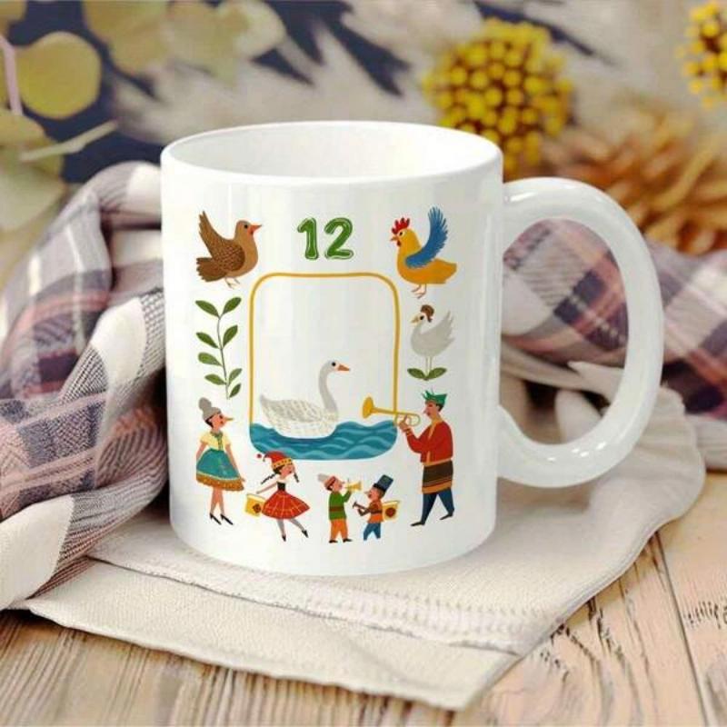 Tailorly White Ceramic 11 oz Mug - Colorful Folk Art Figures Dancing Around A Serene Swimming Graceful White Swan