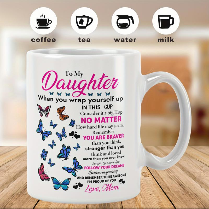 Tailorly White Ceramic 11 oz Mug - To My Daughter Love Mom Vibrant Colorful Butterflies Fluttering Across A Minimalist Mug