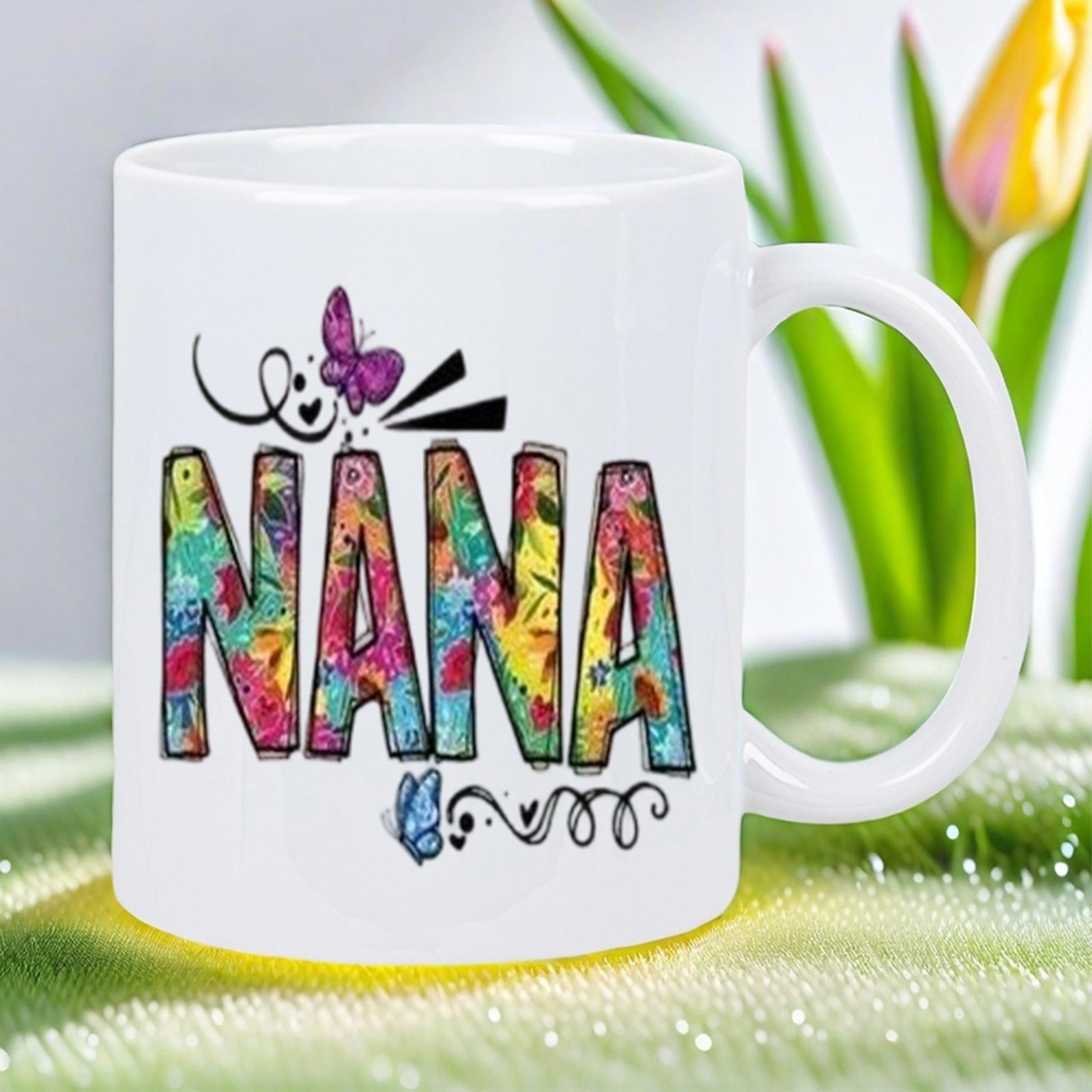 Tailorly White Ceramic 11 oz Mug - Nana Colorful Artistic Floral Pattern With Butterflies Dancing Around Decorative Swirls Mug