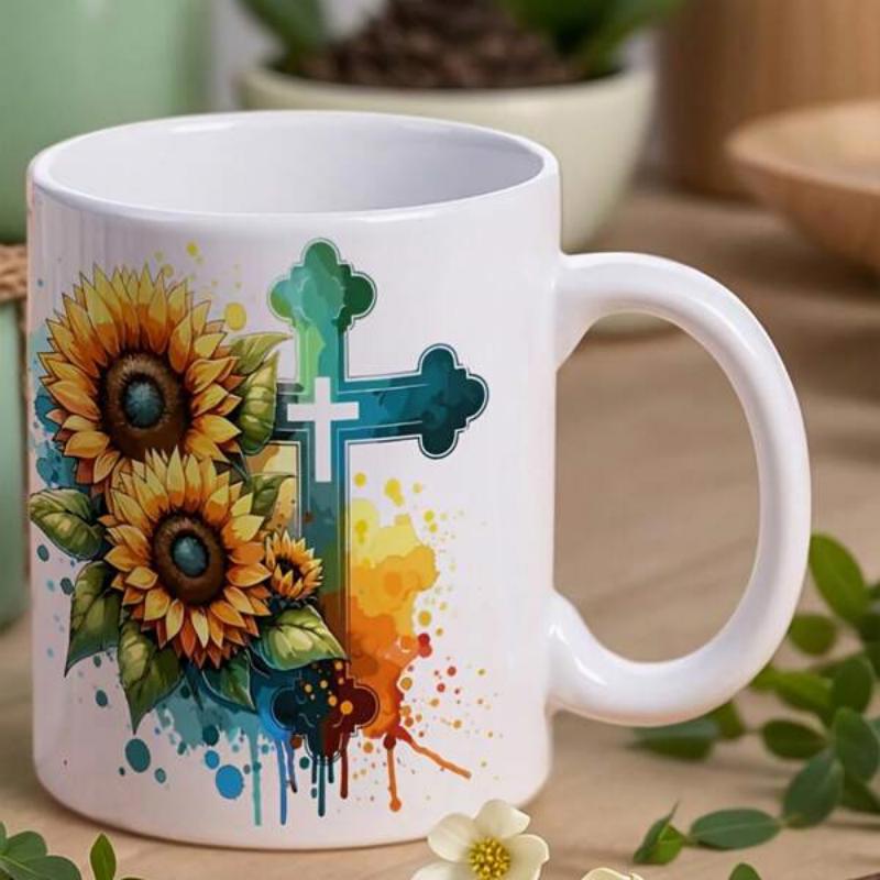 Tailorly White Ceramic 11 oz Mug - Vibrant Watercolor Sunflowers Blooming Beside A Teal Artistic Splattered Religious Cross