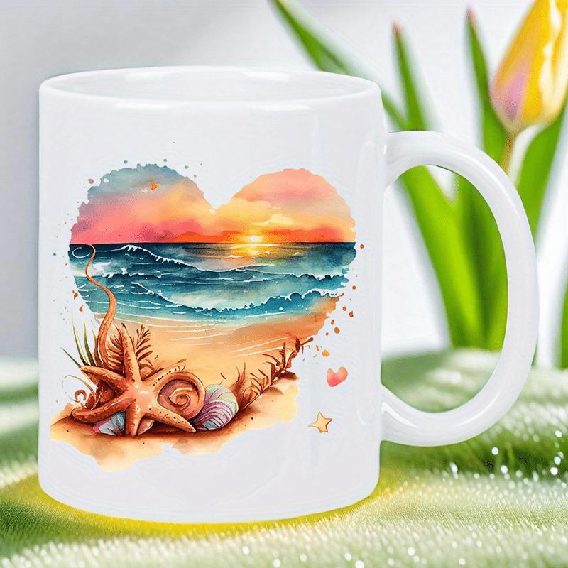 Tailorly White Ceramic 11 oz Mug - Watercolor Sunset Beach With Gentle Waves And Starfish On Sand Heart