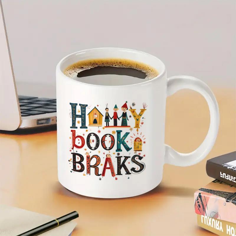 Tailorly White Ceramic 11 oz Mug - Book Braks Festive Winter Scenery With Small Characters And Reindeer House