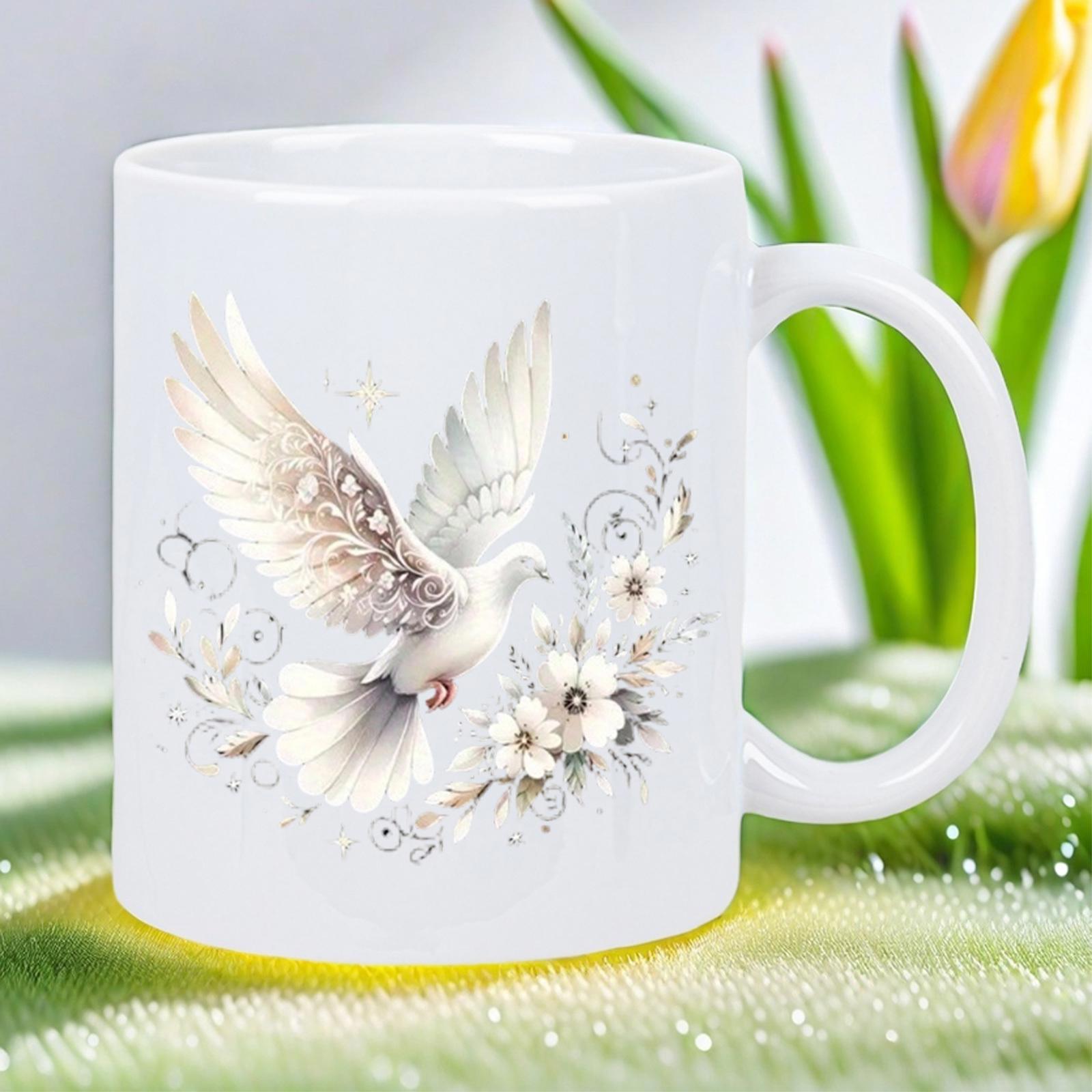 Tailorly White Ceramic 11 oz Mug - Elegant White Bird Flying Among Delicate Flowers With Silver Swirls Dove