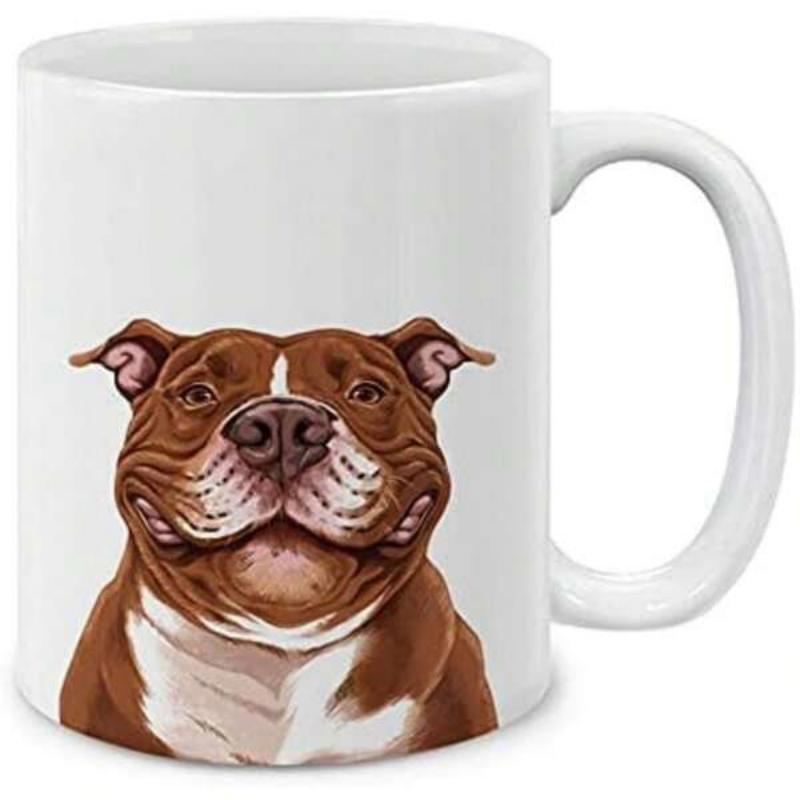 Tailorly White Ceramic 11 oz Mug - Loyal Brown And White Pitbull With Strong Muscular Features Dog