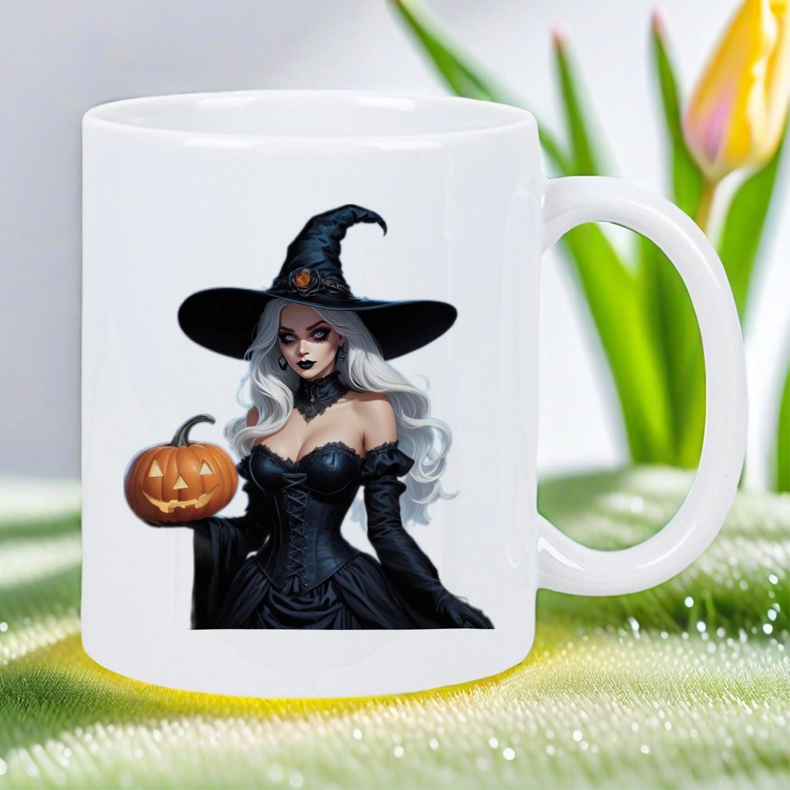 Tailorly White Ceramic 11 oz Mug - Elegant Gothic Woman With Long Silver Hair Holding Carved Glowing Pumpkin Witch