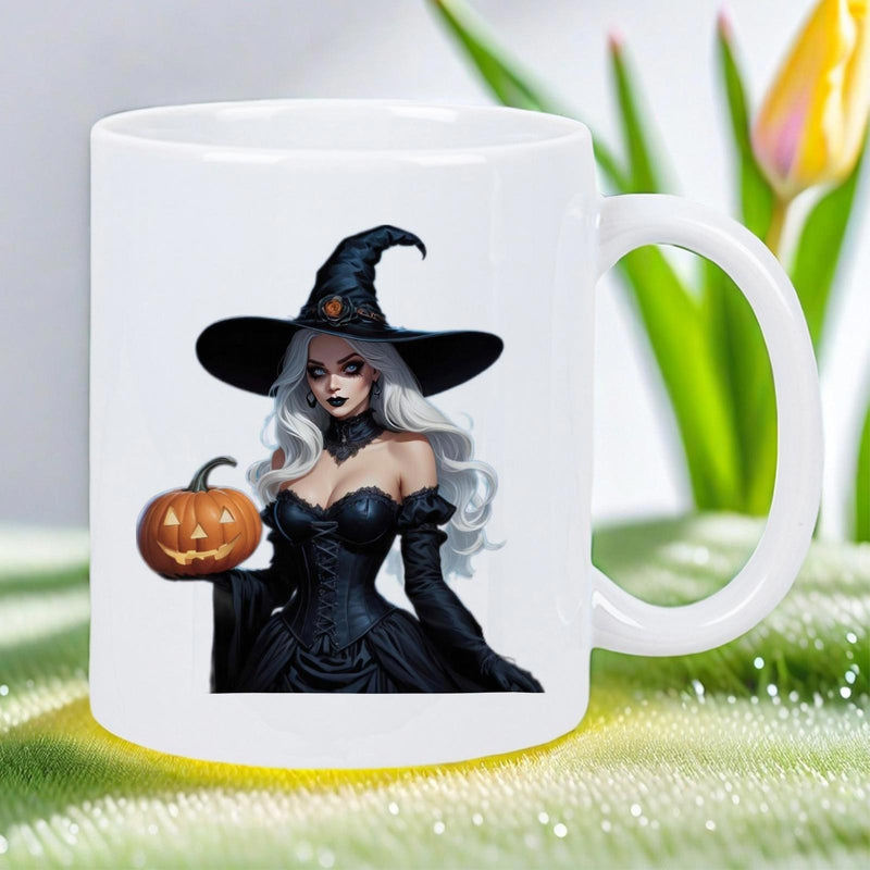 Tailorly White Ceramic 11 oz Mug - Elegant Gothic Woman With Long Silver Hair Holding Carved Glowing Pumpkin Witch