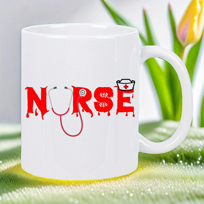 Tailorly White Ceramic 11 oz Mug - Nurse Red Dripping Letters Featuring Medical Stethoscope And Small White Cap Mug