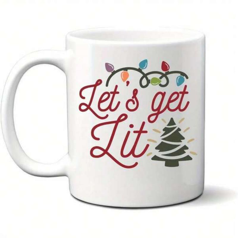 Tailorly White Ceramic 11 oz Mug - Lets Get Lit Colorful String Lights Hanging Above A Festive Green Holiday Christmas Tree