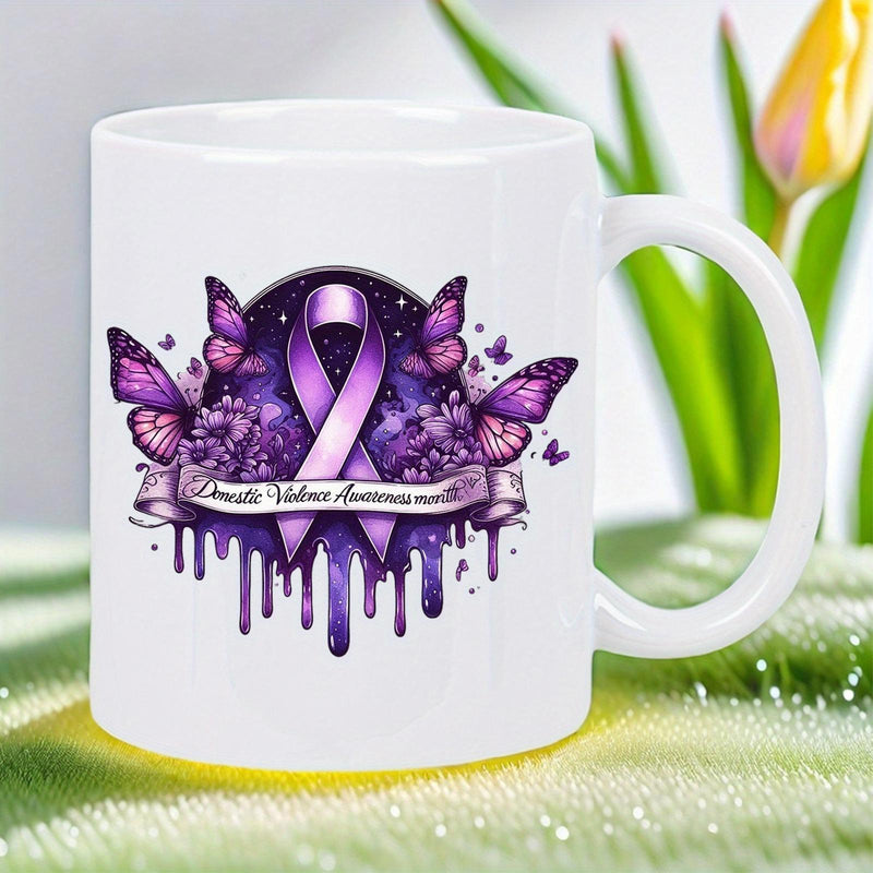 Tailorly White Ceramic 11 oz Mug - Domestic Violence Awareness Month Graceful Purple Butterflies Dancing Around A Dripping Artistic Awareness Symbol Ribbon