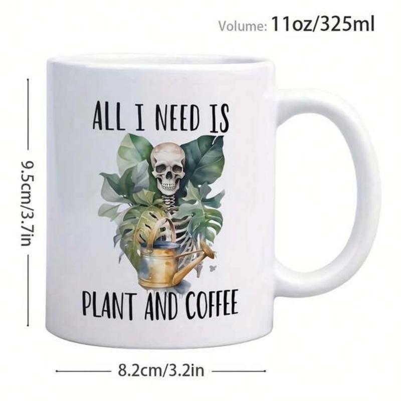 Tailorly White Ceramic 11 oz Mug - All I Need Is Plant And Coffee Skeletal Head Surrounded By Lush Green Tropical Monstera Leaves Skeleton