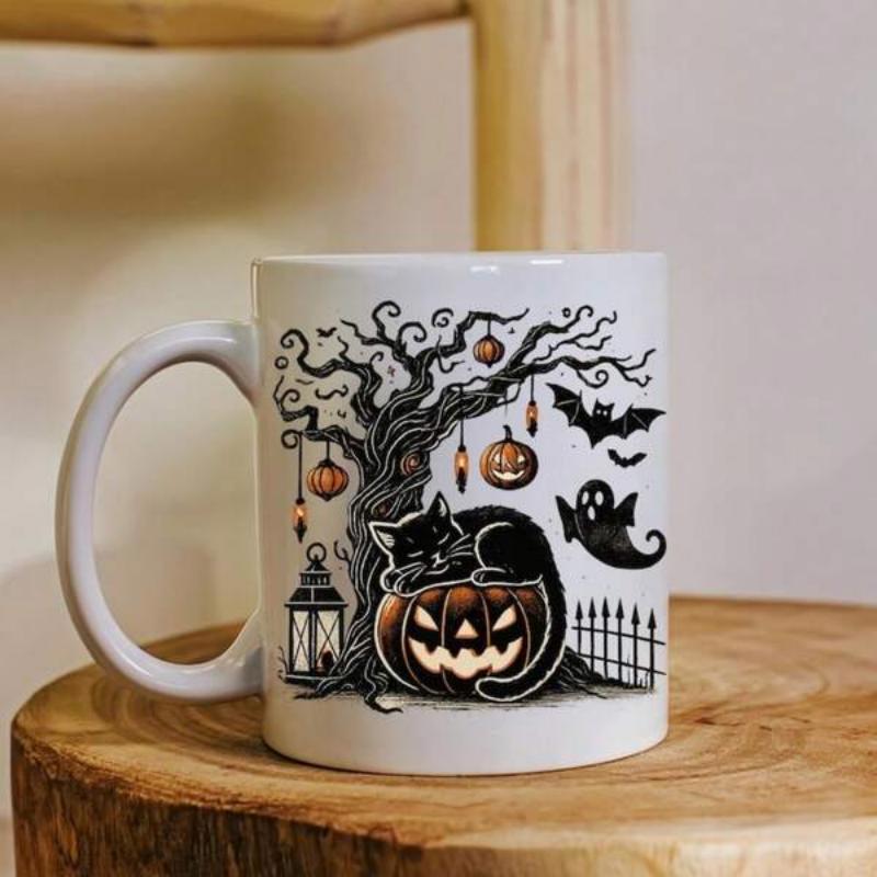 Tailorly White Ceramic 11 oz Mug - Spooky Halloween Night Under Gnarly Tree With A Sleeping Black Cat Pumpkin
