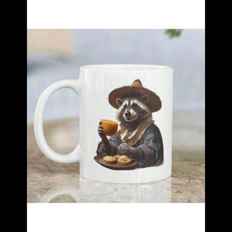 Tailorly White Ceramic 11 oz Mug - Vintage Style Woodland Ranger Wearing Hat Sipping Warm Coffee With Biscuits Raccoon