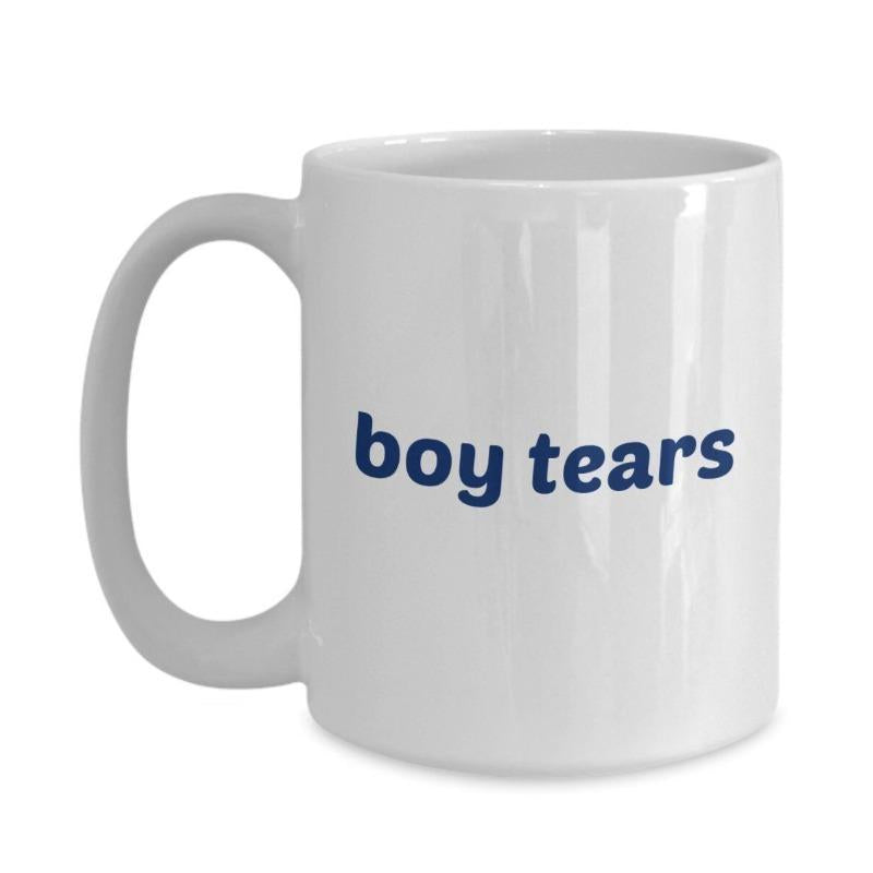 Tailorly White Ceramic 11 oz Mug - Boy Tears Minimalist White Ceramic Vessel With Bold Blue Sans Serif Typography Mug
