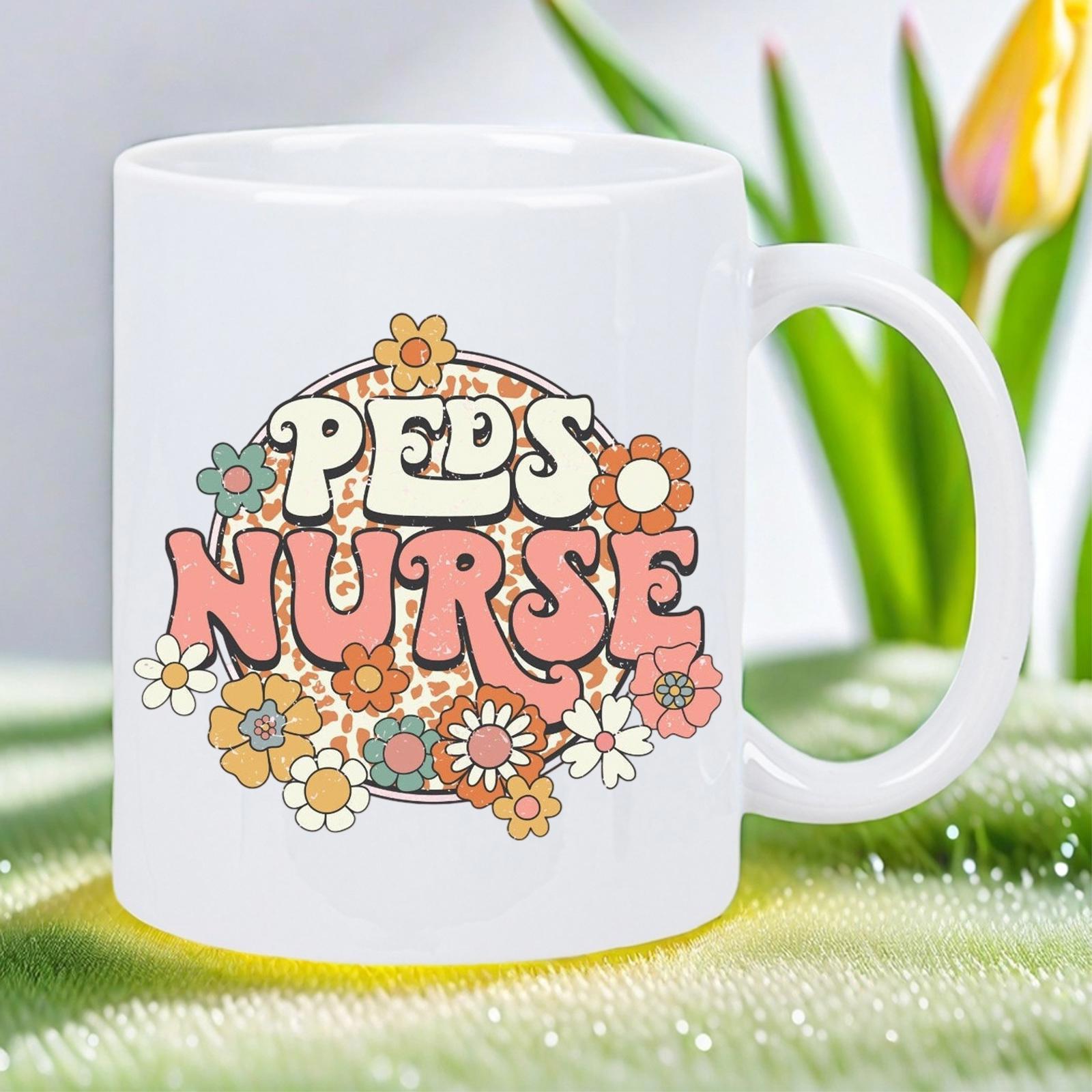 Tailorly White Ceramic 11 oz Mug - Peds Nurse Retro Blooming Flowers With Leopard Print Patterns Inside A Round Frame Mug