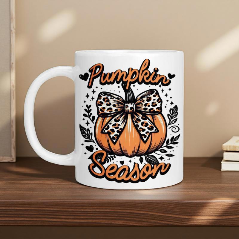 Tailorly White Ceramic 11 oz Mug - Pumpkin Season Autumn Harvest Themed Leopard Bow Wrapped Around Decorative Seasonal Pumpkin