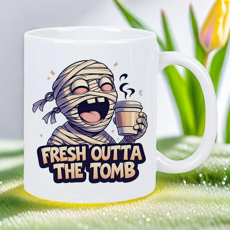 Tailorly White Ceramic 11 oz Mug - Fresh Outta The Tomb Funny Cartoon Mummy Wrapped In Bandages Holding A Steaming Coffee Cup Mummy
