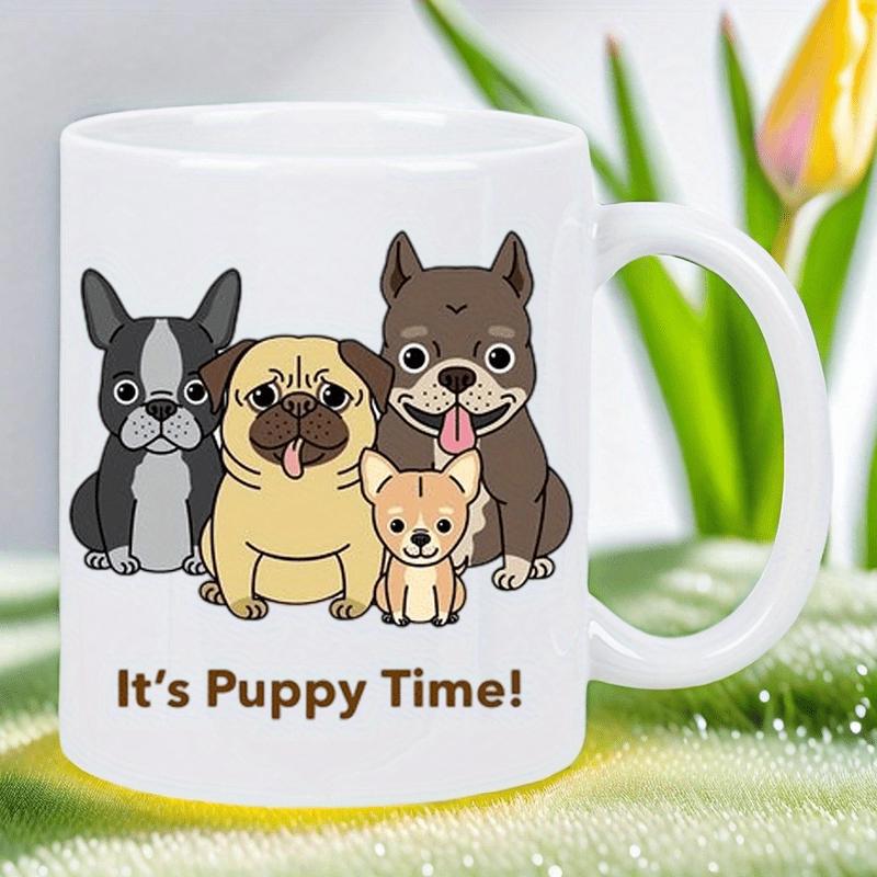Tailorly White Ceramic 11 oz Mug - Its Puppy Time Four Cute Cartoon Breeds Of Puppies Sitting Together Friendly Dogs