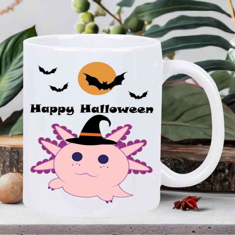 Tailorly White Ceramic 11 oz Mug - Happy Halloween Adorable Pink Cartoon Creature Wearing A Witch Hat Among Flying Bats Axolotl