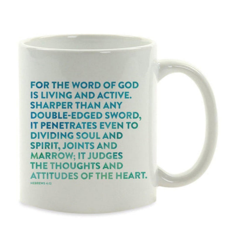 Tailorly White Ceramic 11 oz Mug - For The Word Of God Is Living And Active Hebrews 4 12 Clean Minimalist Teal Typography Featuring Inspirational Religious