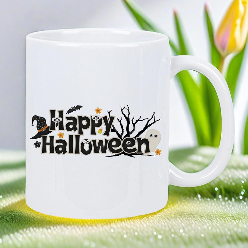 Tailorly White Ceramic 11 oz Mug - Happy Halloween Whimsical Witch Hat And Spooky Bare Branches With Ghost Mug