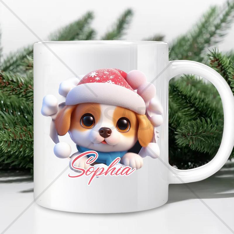 Tailorly White Ceramic 11 oz Mug - Sophia Cute Puppy Wearing A Festive Red Santa Hat And Blue Scarf Dog