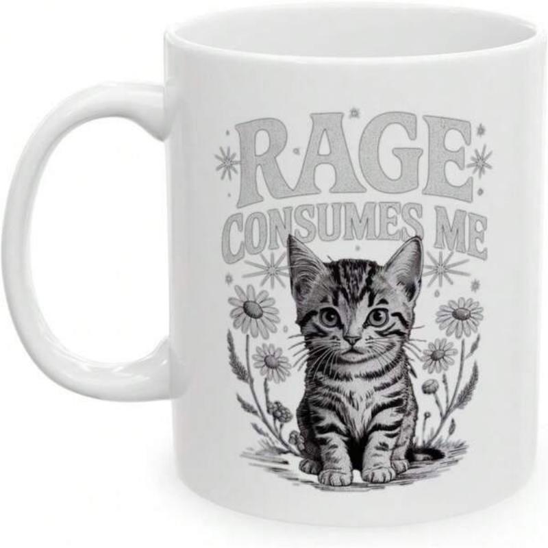Tailorly White Ceramic 11 oz Mug - Rage Consumes Me Adorable Small Tabby Sitting Among Blooming Daisies With Retro Sparkling Stars Kitten