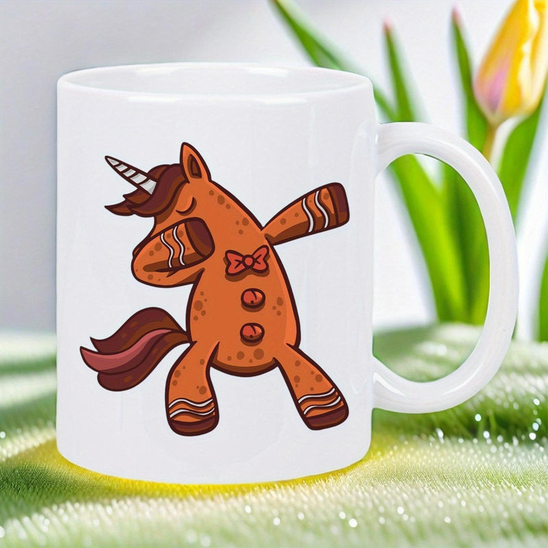 Tailorly White Ceramic 11 oz Mug - Cheerful Brown Gingerbread Man Performing A Hip Hop Dance Move Unicorn