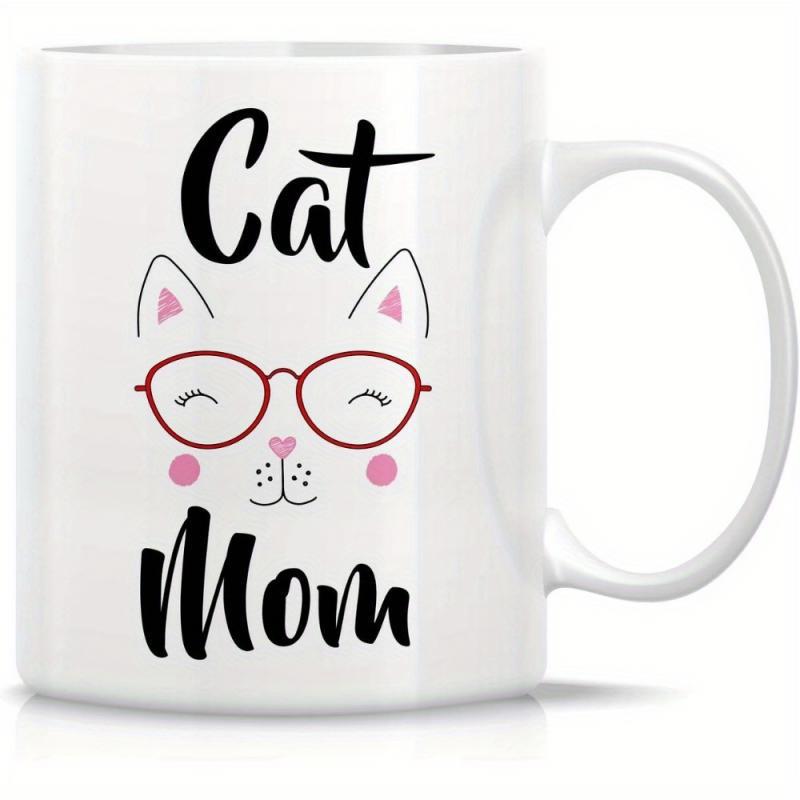 Tailorly White Ceramic 11 oz Mug - Cat Mom Minimalist Cute Feline Face Wearing Red Glasses With Pink Rosy Cheeks Cat