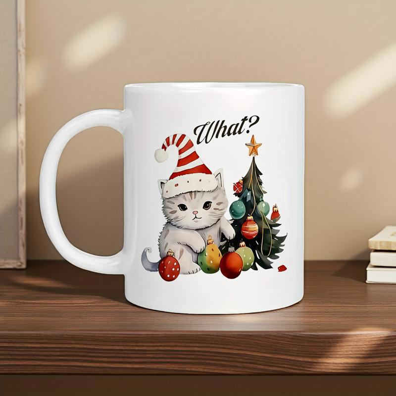 Tailorly White Ceramic 11 oz Mug - What Adorable Grey Kitten Wearing Striped Santa Hat Beside Small Festive Christmas Tree Kitten