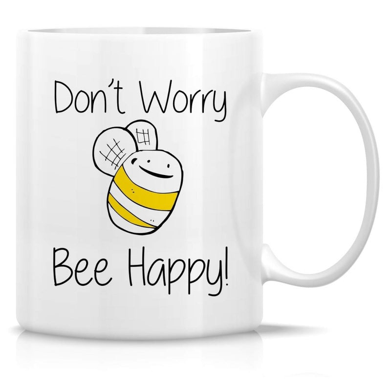 Tailorly White Ceramic 11 oz Mug - Don't Worry Bee Happy Simple Hand Drawn Smiling Bumblebee With Yellow Stripes And Tiny Wings Bee