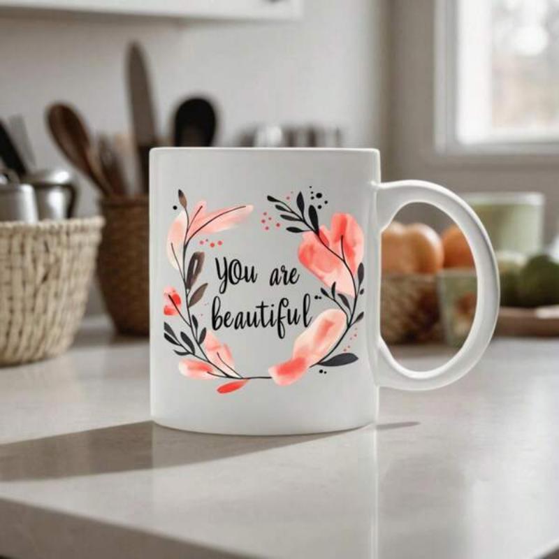Tailorly White Ceramic 11 oz Mug - You Are Beautiful Delicate Pink Petals Among Artistic Black Hand Drawn Leaves Wreath