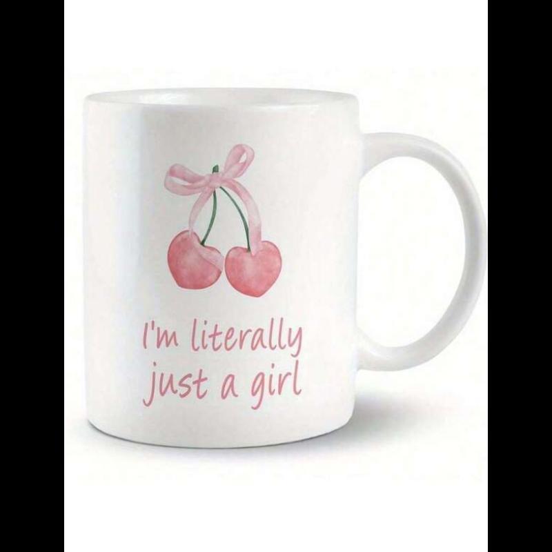 Tailorly White Ceramic 11 oz Mug - Im Literally Just A Girl Two Sweet Pink Watercolor Berries Tied With A Soft Ribbon Bow Cherry