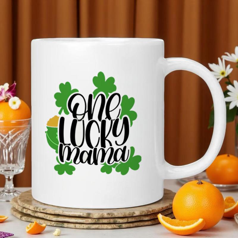 Tailorly White Ceramic 11 oz Mug - One Lucky Mama Festive Green Shamrocks Arranged Around Decorative Script Text On