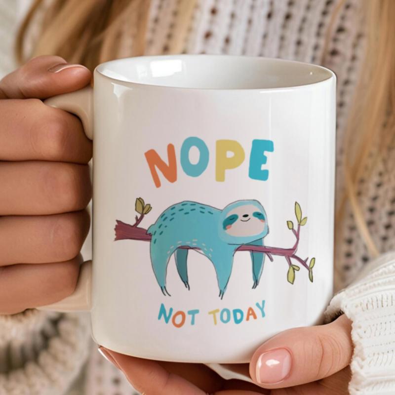 Tailorly White Ceramic 11 oz Mug - Nope Not Today Cute Blue Cartoon Sloth Sleeping Peacefully On A Thin Branch Sloth