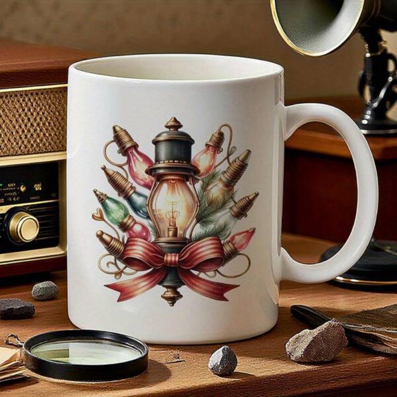 Tailorly White Ceramic 11 oz Mug - Vintage Festive Lantern With Colorful Bulbs And Red Decorative Bow Lantern