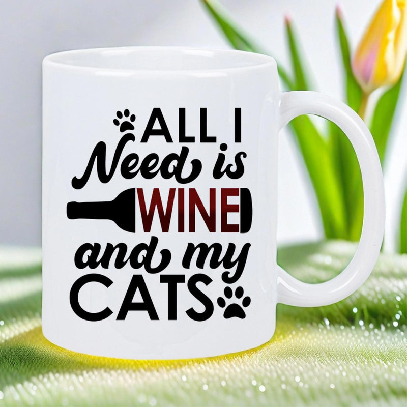 Tailorly White Ceramic 11 oz Mug - All I Need Is Wine And My Cats Bold Typography Combined With Minimalist Paw Prints And Sleek Wine Bottle Mug