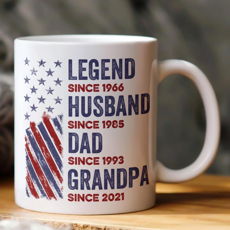 Tailorly White Ceramic 11 oz Mug - Legend Husband Dad Grandpa Since 1966 1985 1993 2021 Distressed American Flag Stars And Stripes Printed On Glossy
