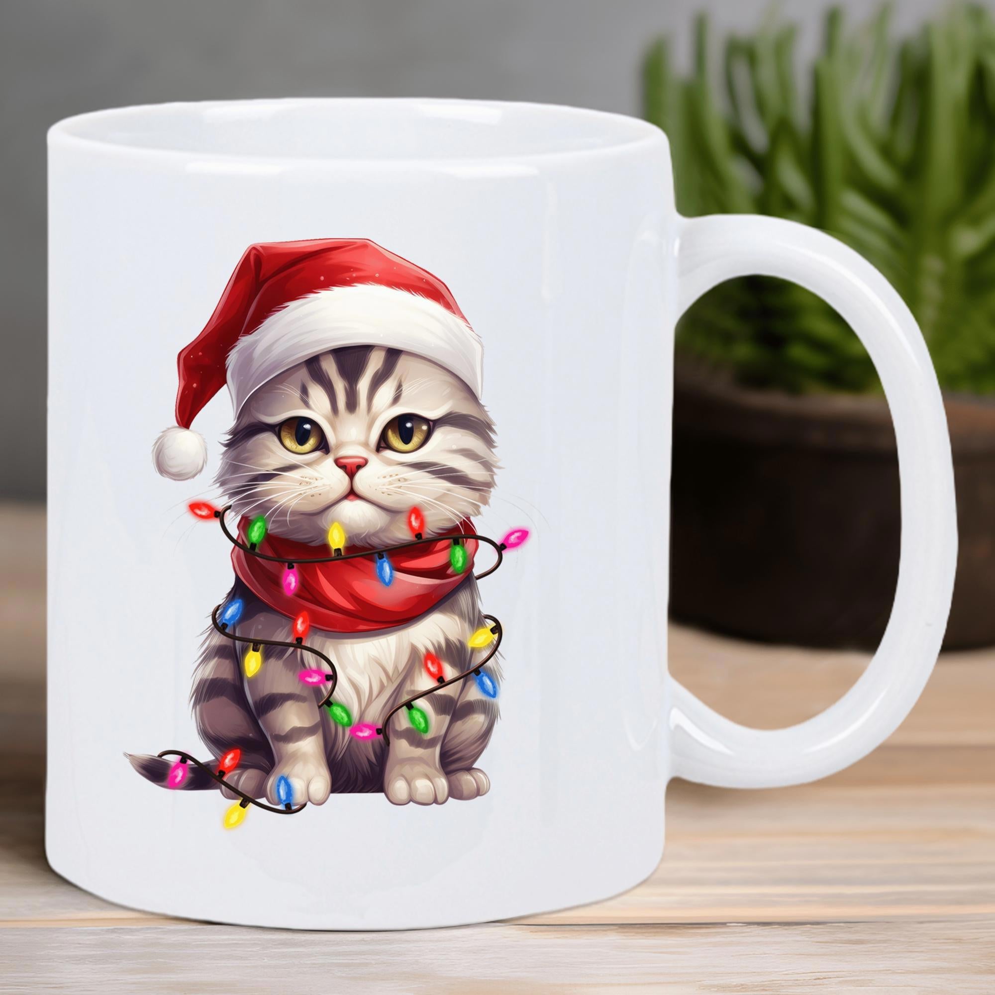 Tailorly White Ceramic 11 oz Mug - Adorable Striped Tabby Wearing A Santa Hat Wrapped In Colorful Lights Cat
