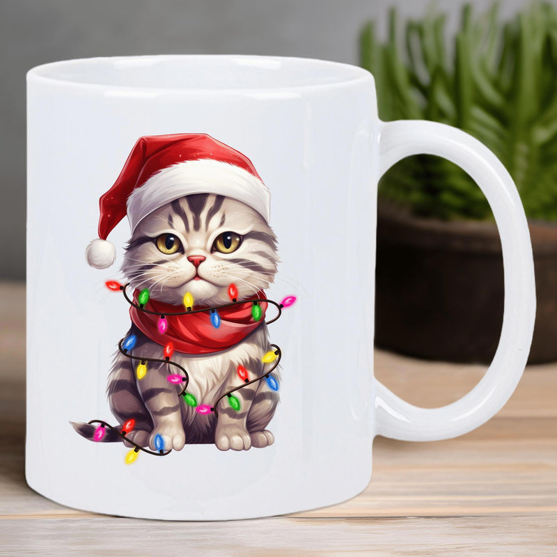 Tailorly White Ceramic 11 oz Mug - Adorable Striped Tabby Wearing A Santa Hat Wrapped In Colorful Lights Cat