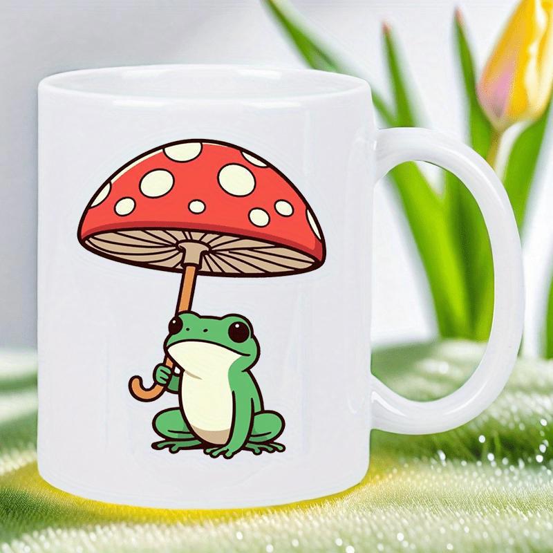 Tailorly White Ceramic 11 oz Mug - Cute Tiny Green Creature Sitting Peacefully Under A Red Spotted Mushroom Frog