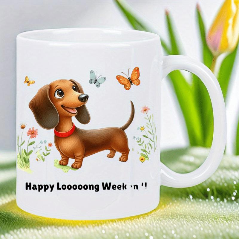Tailorly White Ceramic 11 oz Mug - Happy Looooong Week En Joyful Brown Dog Playing Among Butterflies In A Garden Dachshund