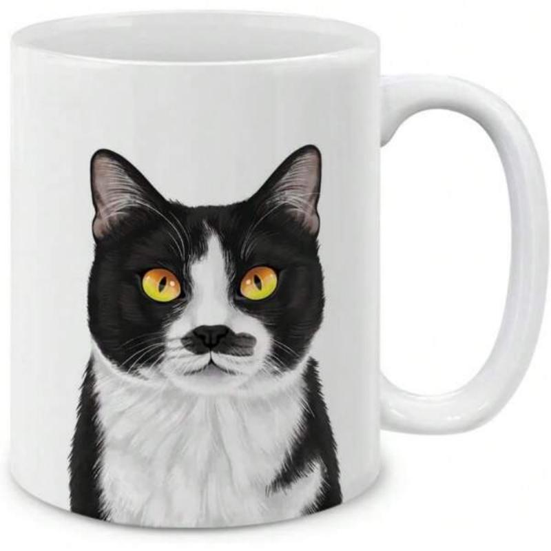 Tailorly White Ceramic 11 oz Mug - Hand Painted Tuxedo Portrait Featuring Bright Yellow Eyes And Soft Fur Cat