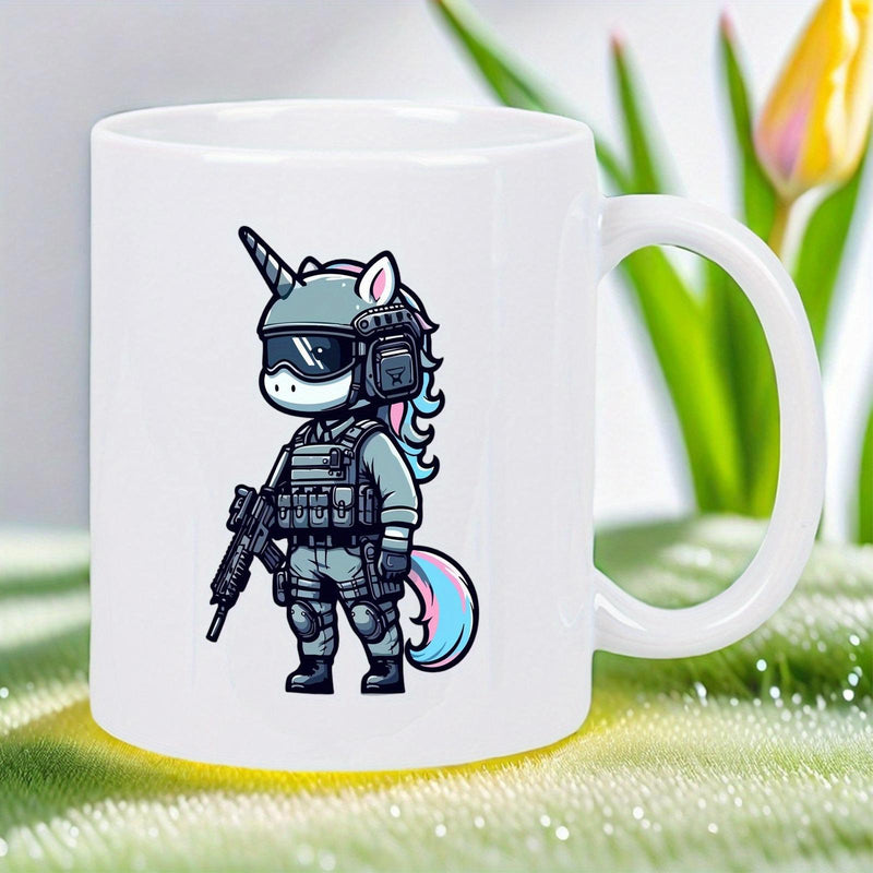 Tailorly White Ceramic 11 oz Mug - Tactical Soldier Standing Courageous In Detailed Military Gear With Pastel Hair Unicorn
