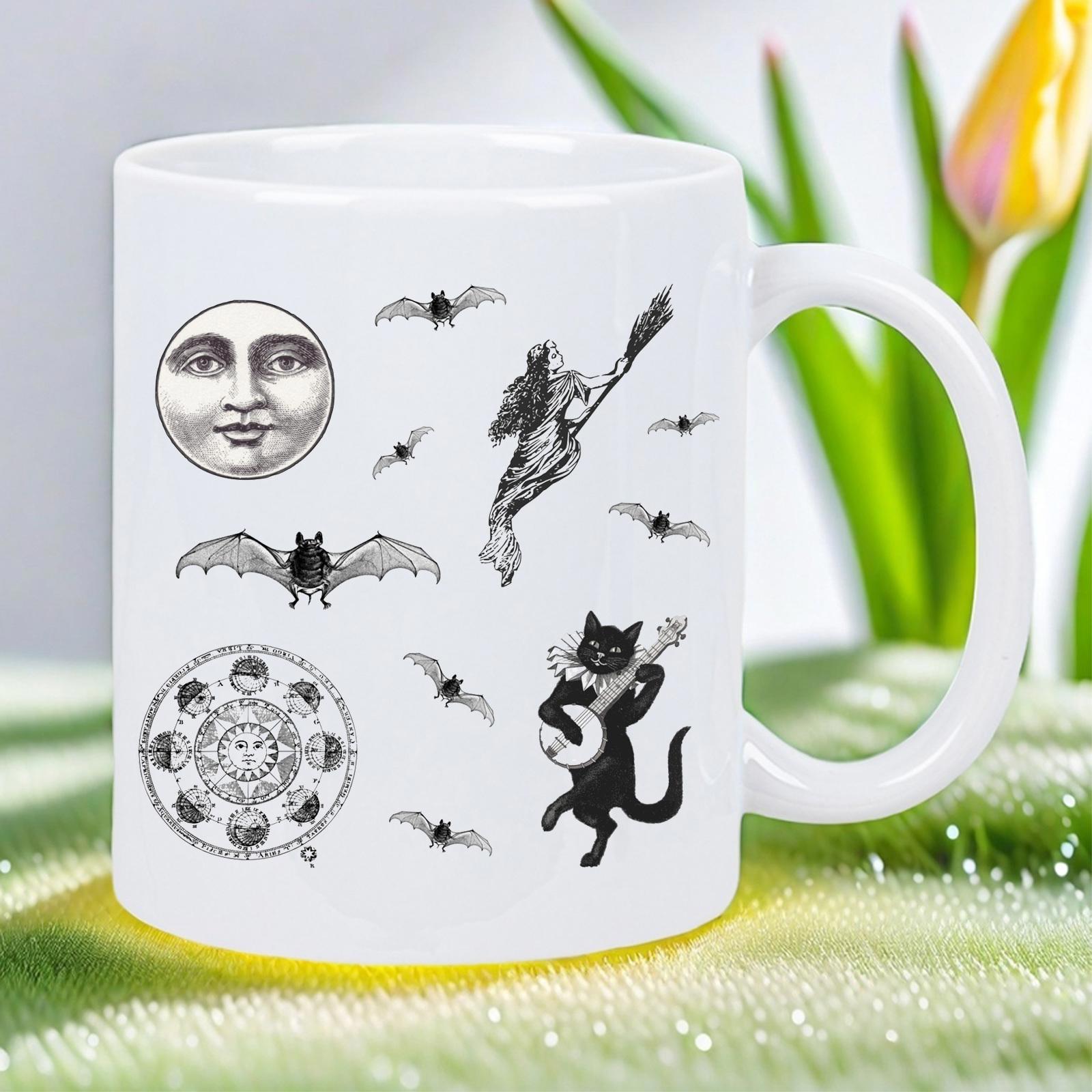 Tailorly White Ceramic 11 oz Mug - Mystical Vintage Symbols Featuring Witch And Banjo Playing Black Cat