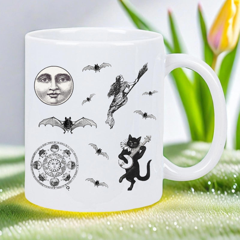 Tailorly White Ceramic 11 oz Mug - Mystical Vintage Symbols Featuring Witch And Banjo Playing Black Cat