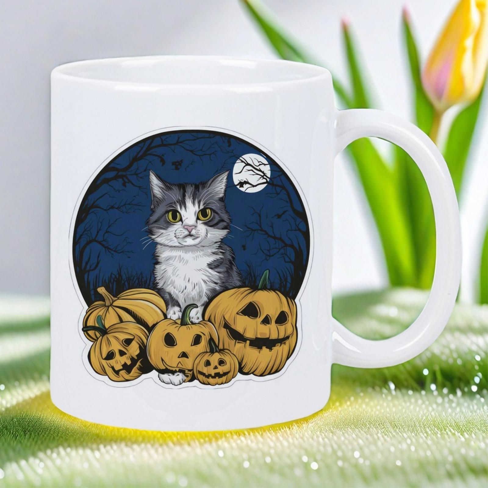 Tailorly White Ceramic 11 oz Mug - Fluffy Grey Cat Sitting Among Spooky Carved Jack O Lantern Pumpkins Cat